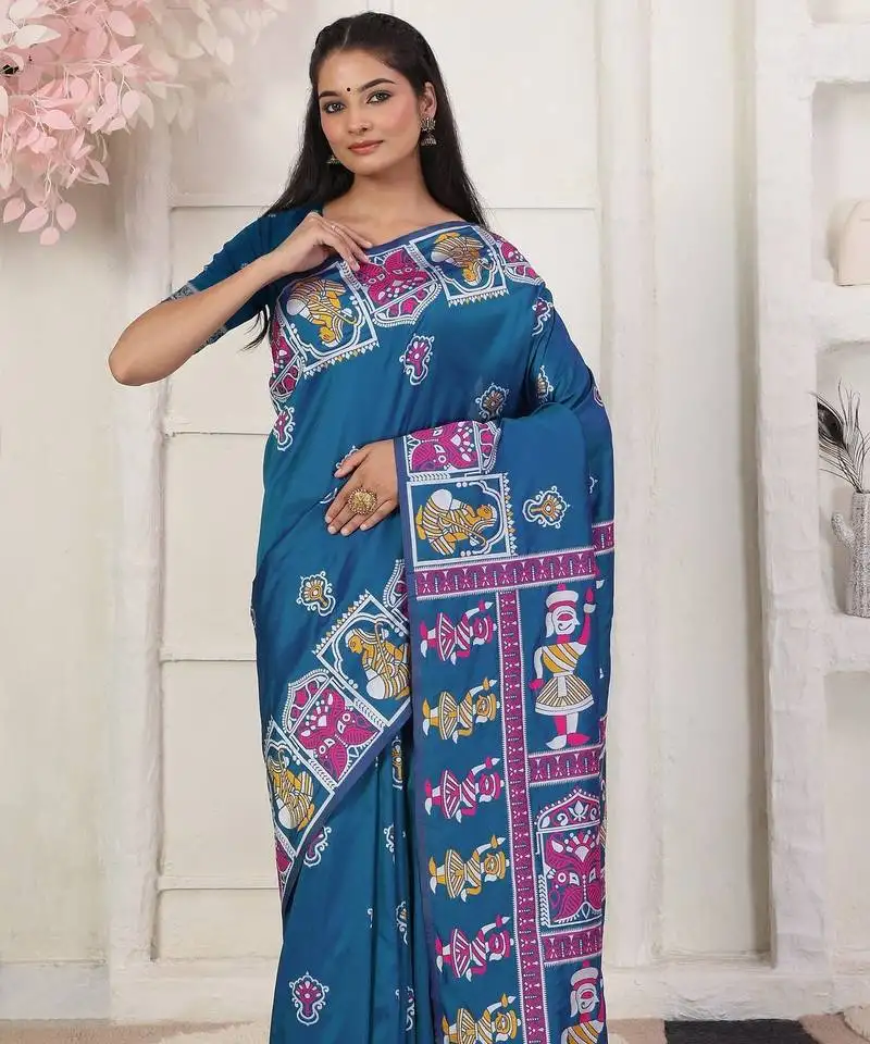 Teal blue color silk blended woven designer graceful ceremonial saree