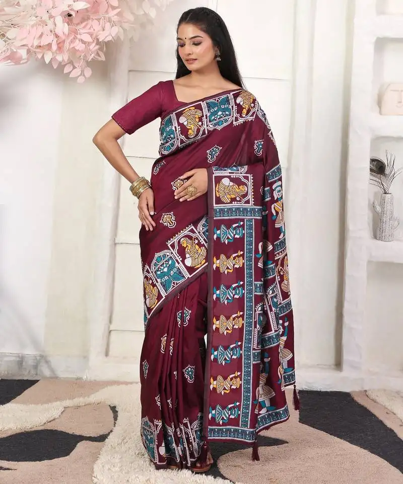 Wine color silk blended woven designer graceful ceremonial saree