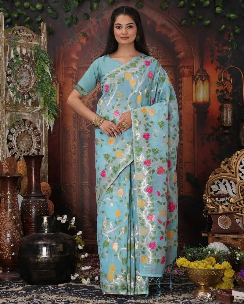 Sky blue color linen cotton fabric woven designer partywear saree
