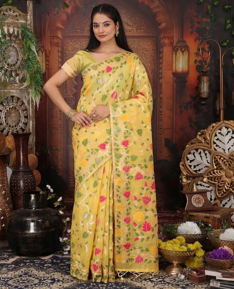Yellow color linen cotton fabric woven designer partywear saree