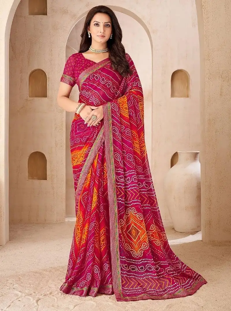 Magenta chiffon bandhani double shaded printed saree with blouse