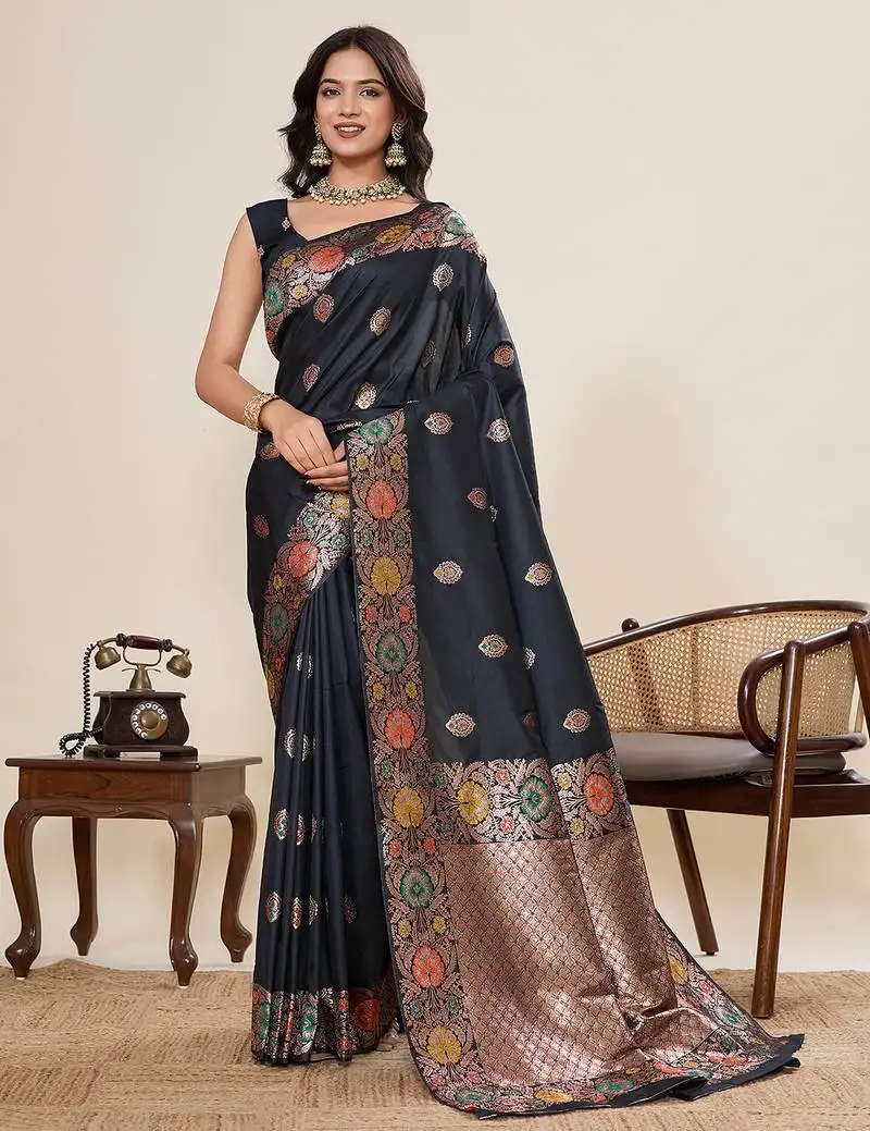 Black color soft silk saree for ethnic indian looks