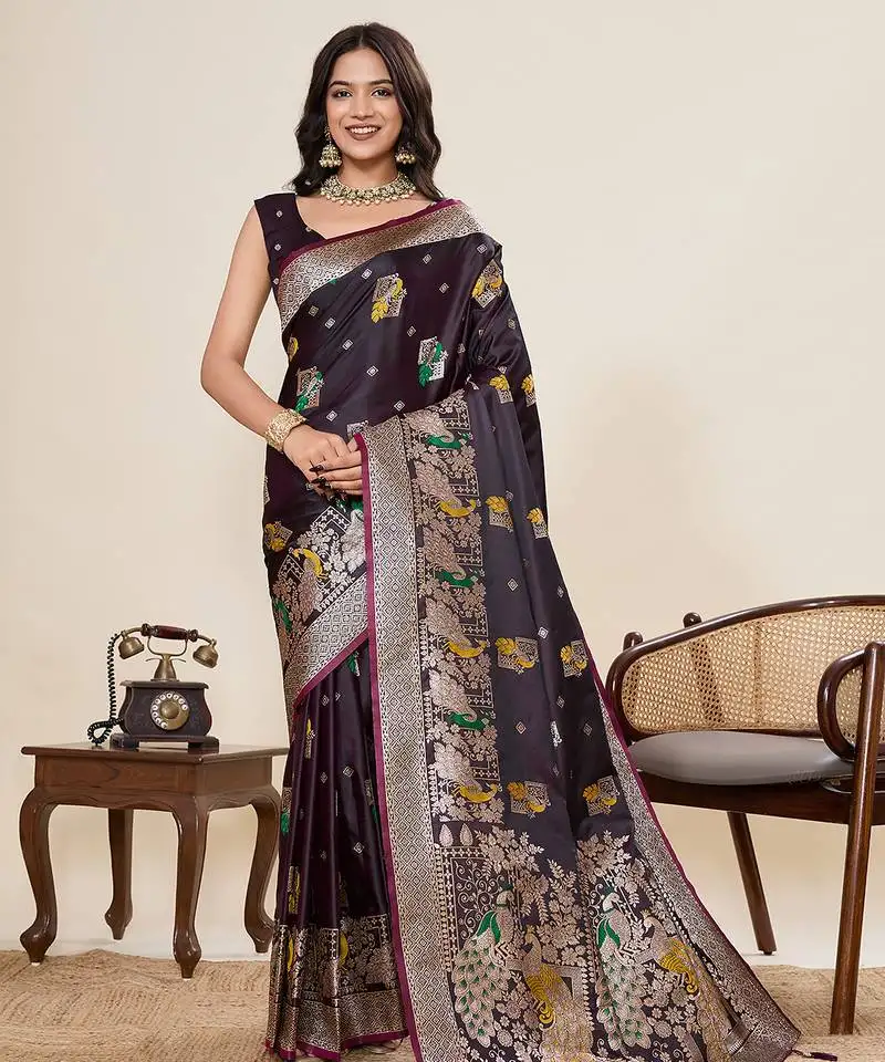Wine color two tone satin silk saree for rich sophisticated looks