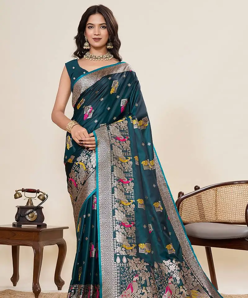 Teal color two tone satin silk saree for rich sophisticated looks