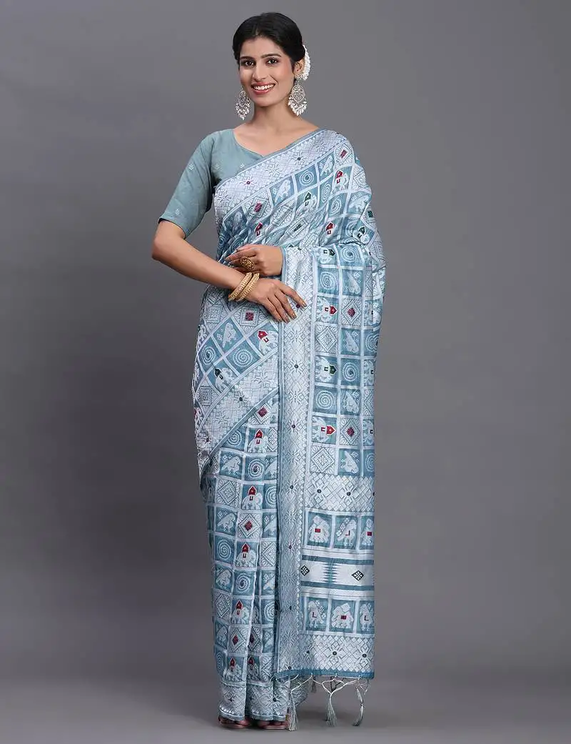 Sky blue color beautiful woven designer linen cotton saree