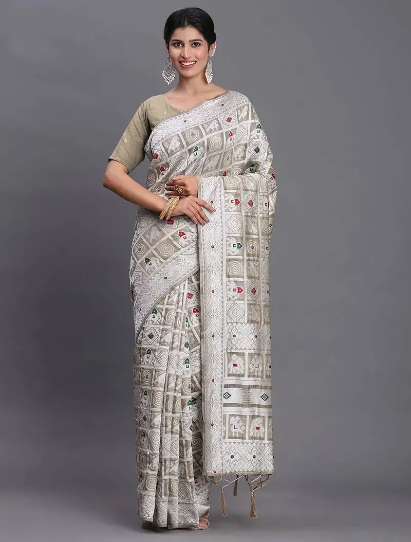 Beige color beautiful woven designer linen cotton saree