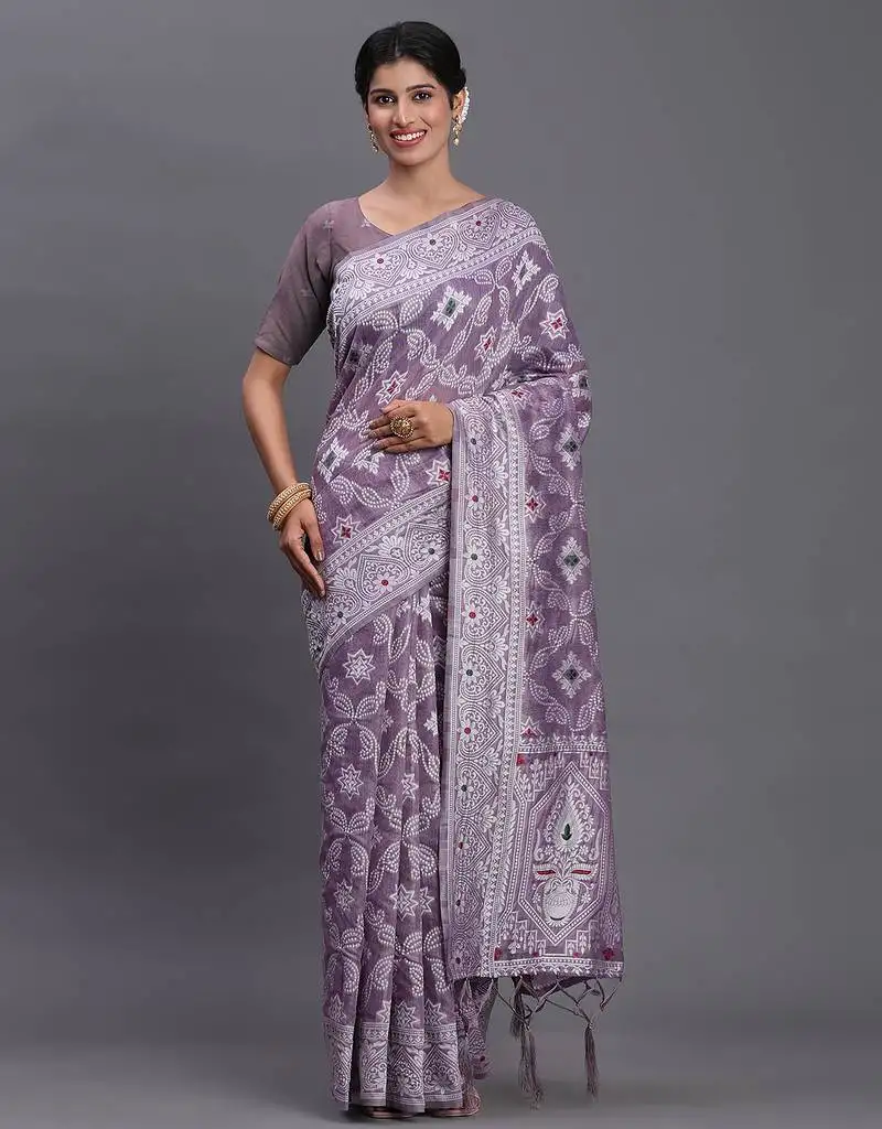 Violet color beautiful woven designer linen cotton saree
