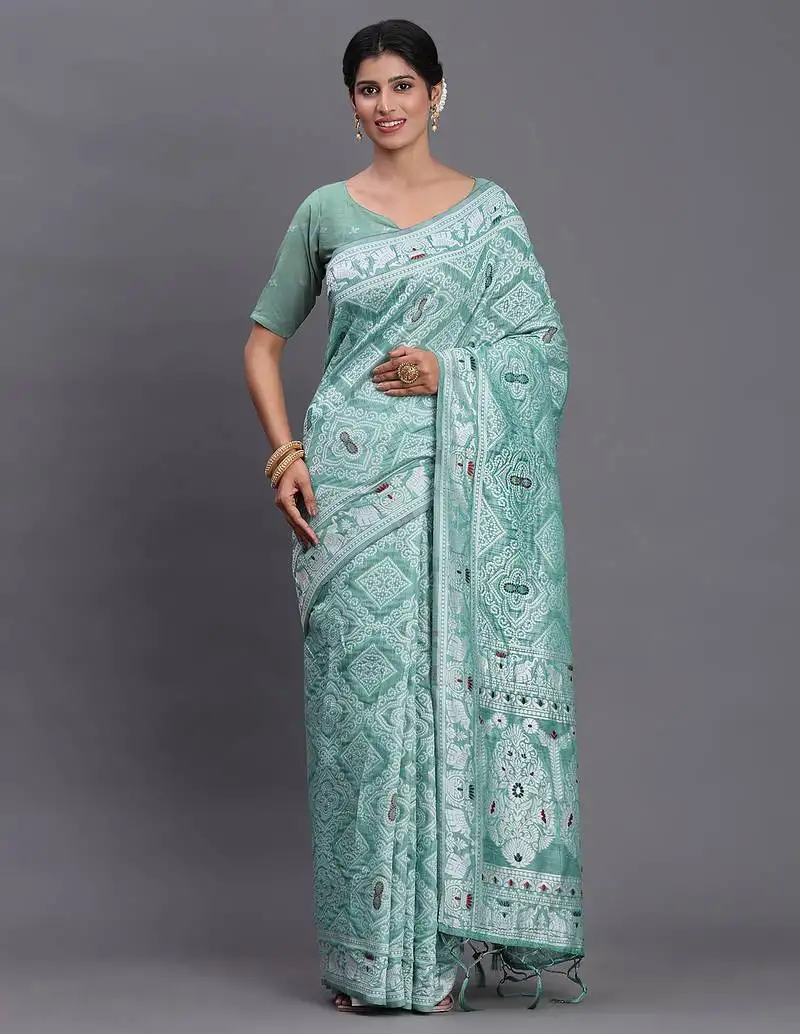 Sea green color beautiful woven designer linen cotton saree