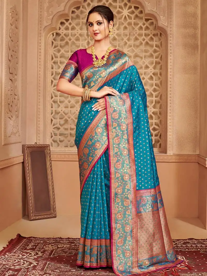 Blue color heavy woven designer silk blended saree for ceremonial looks