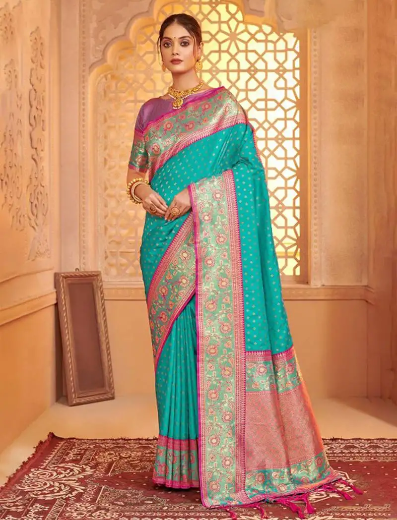 Sea green color heavy woven designer silk blended saree for ceremonial looks