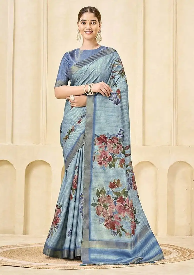 Sky blue color signora jari checks silk fabric floral digital print with foil print graceful ceremonial saree
