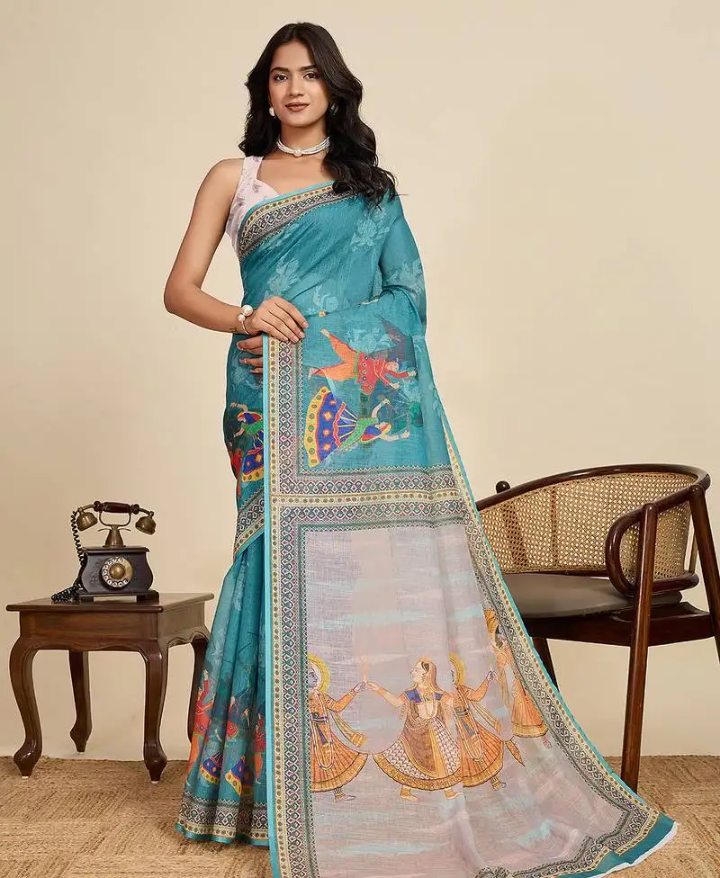 Blue color linen fabric beautiful printed ceremonial saree