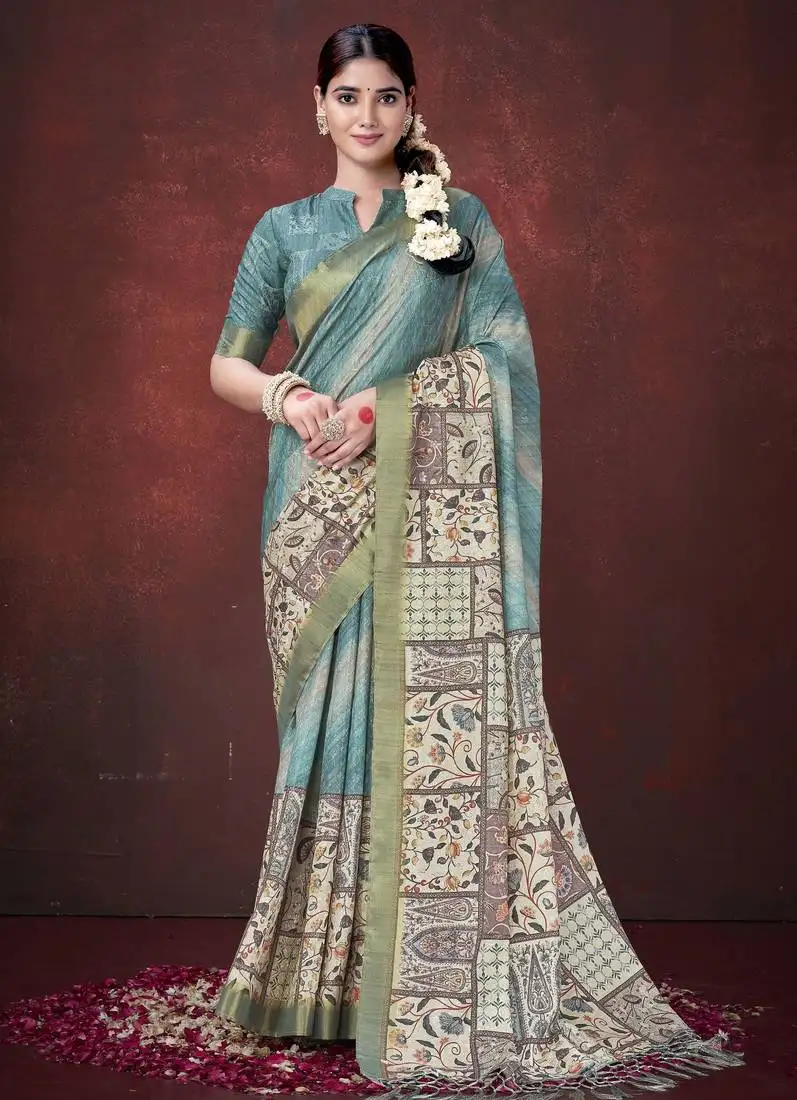 Sky blue color smart partywear habotai silk flower print with foil print saree