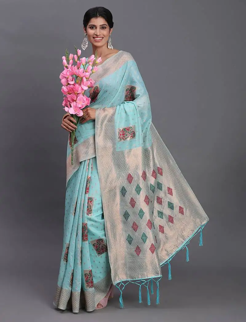 Sky blue color linen cotton woven designer festive wear saree