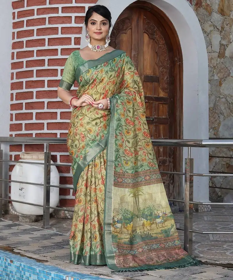 Beige color silk blend fabric smart printed saree with woven border