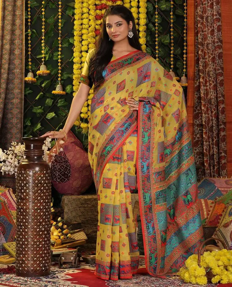 Yellow color linen cotton fabric resham woven designer partywear saree