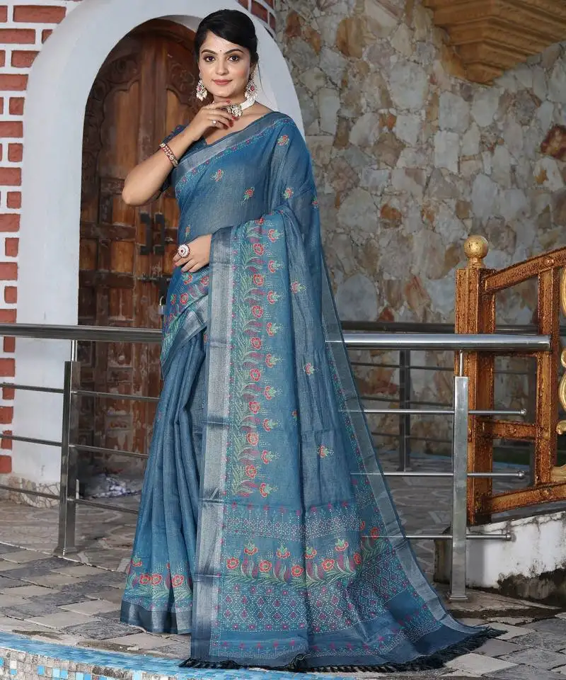 Blue color cotton shimmer fabric designer printed ethnic girlie saree