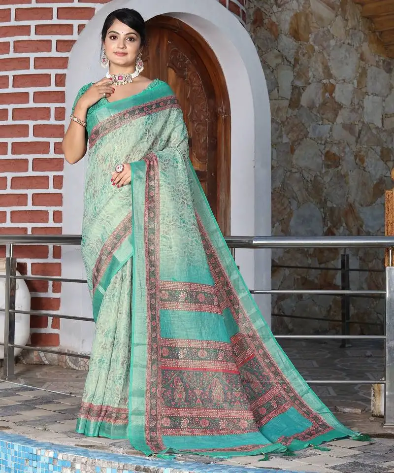 Sea green color cotton shimmer fabric designer printed ethnic girlie saree
