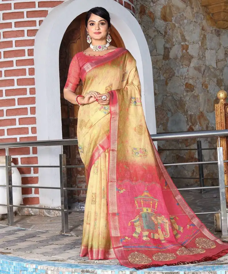 Yellow color cotton shimmer fabric designer printed ethnic girlie saree