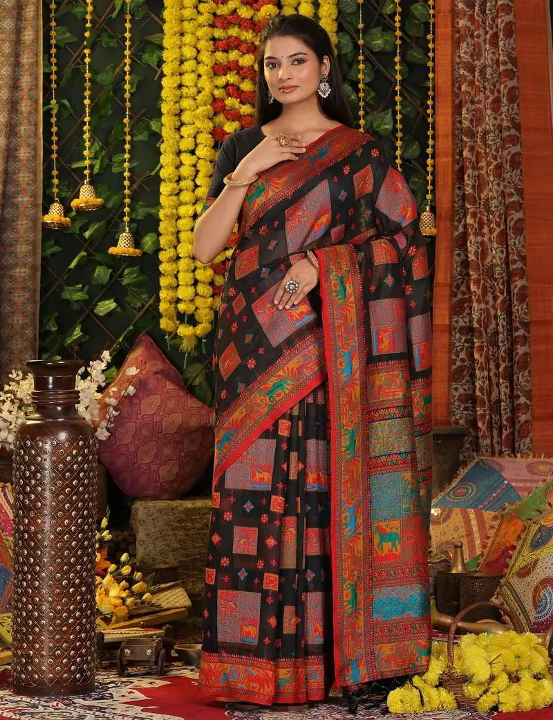 Black color linen cotton fabric resham woven designer partywear saree