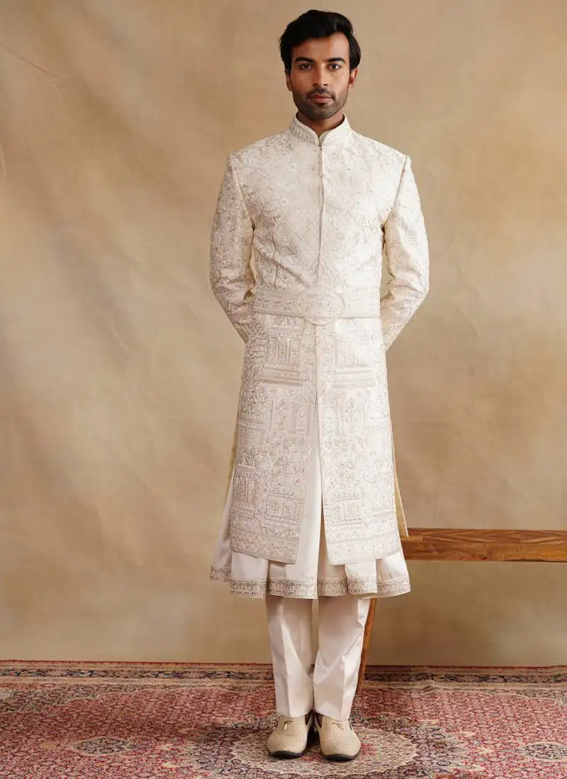 Rose gold thread and swarovski embroidered sherwani for men