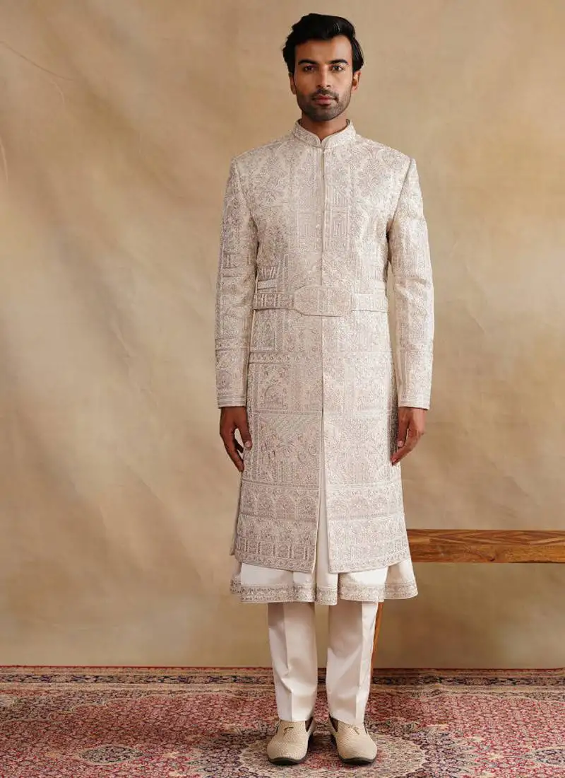 Rose gold thread and hand embroidered sherwani for men