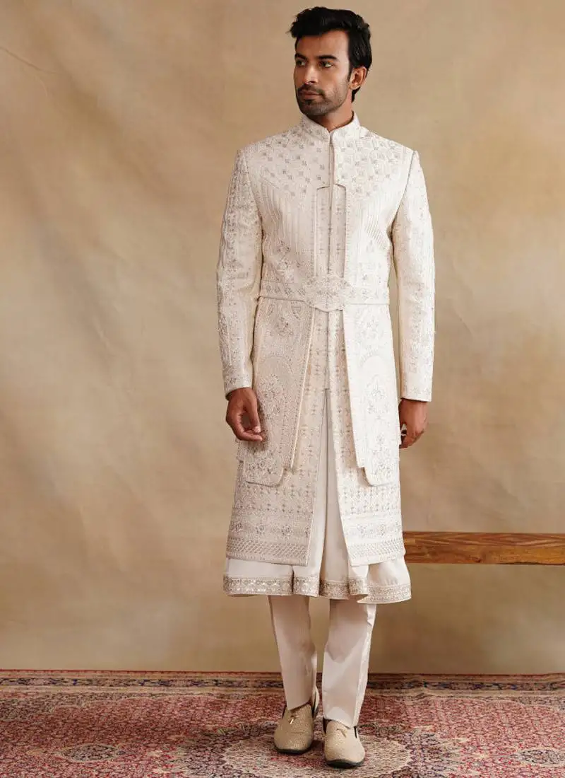Rose gold thread and swarovski embroidered layered sherwani for men