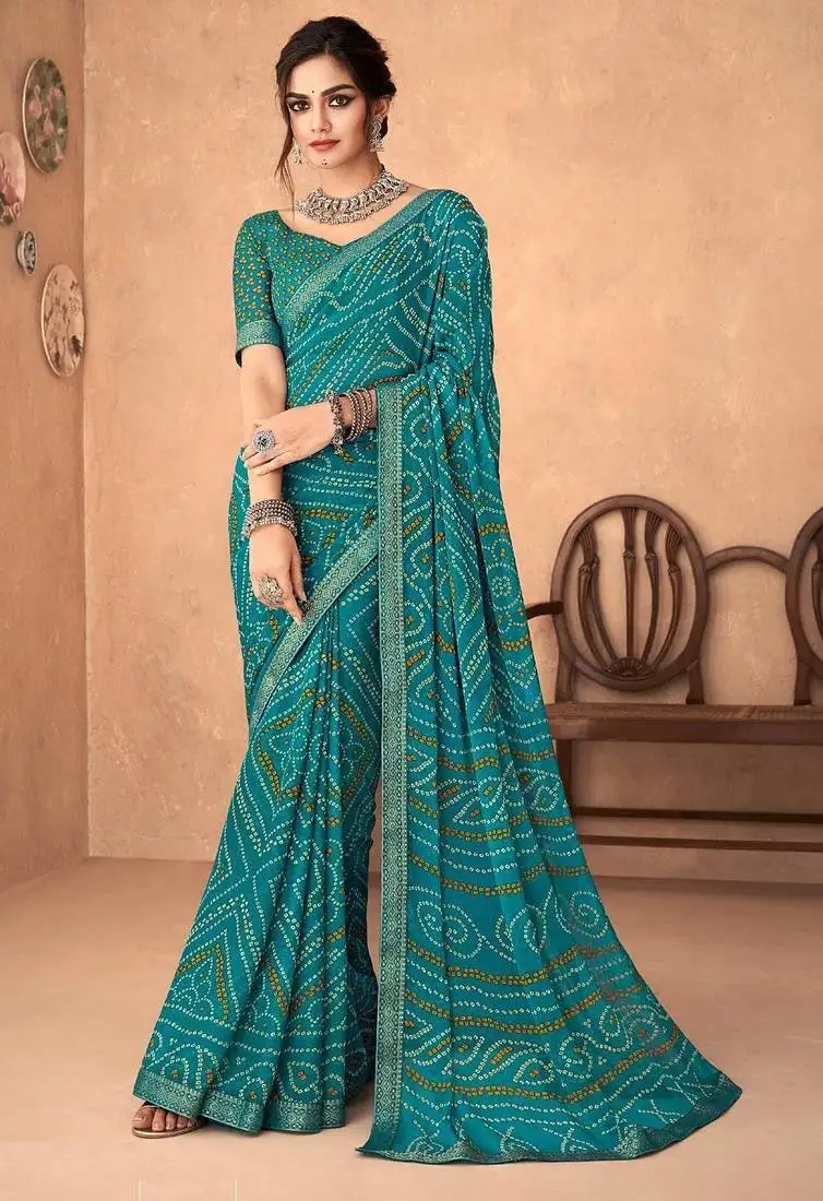 Turquoise green chiffon bandhani geometric printed saree with blouse