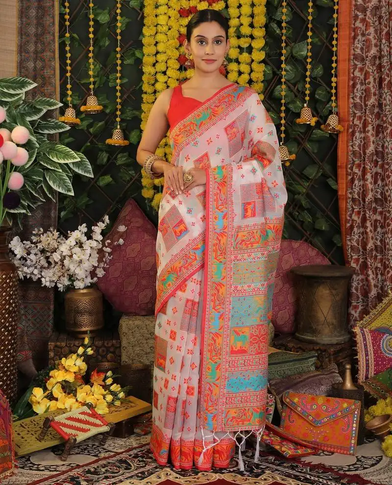 White color linen cotton fabric resham woven designer partywear saree