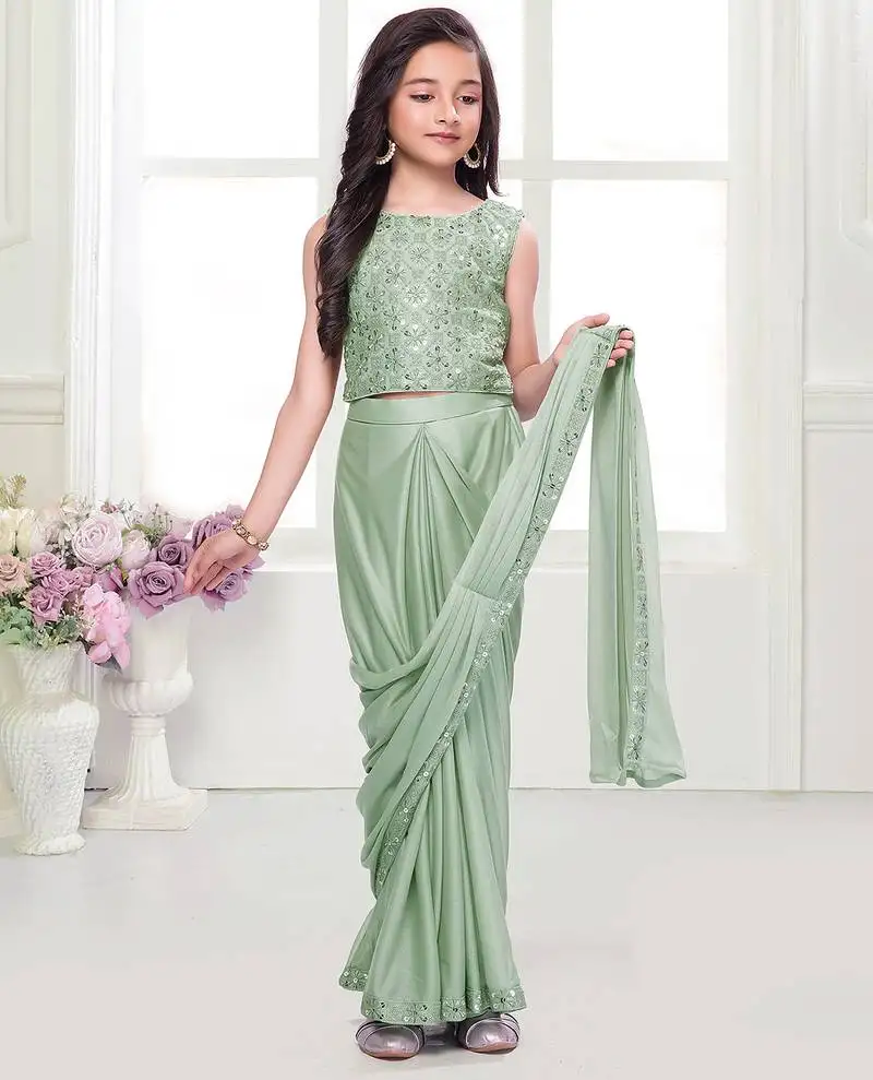 Olive green shimmer lycra embriodered blouse ready saree
