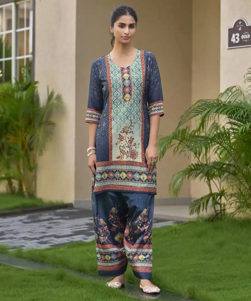 Dark blue chinon chiffon abstract print festive & party co-ord set