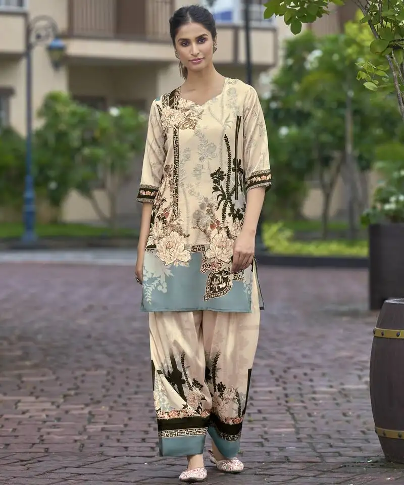 Beige chinon chiffon floral printed festive & party co-ord set