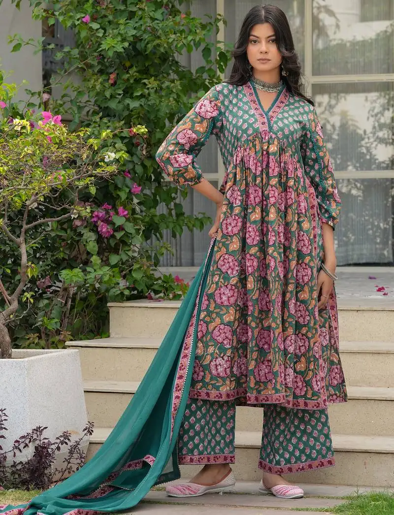 Moss green pure cotton sanganeri hand block kurta & palazzo set with sequinwork comes with chiffon dupatta set of 3 stitched