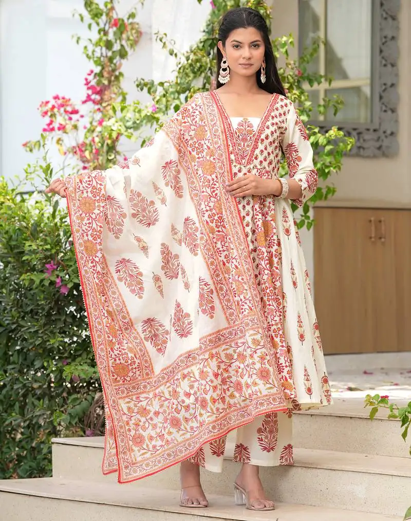 Cotton cream & red printed anarkali kurta with pants & mul dupatta set of 3 stitched