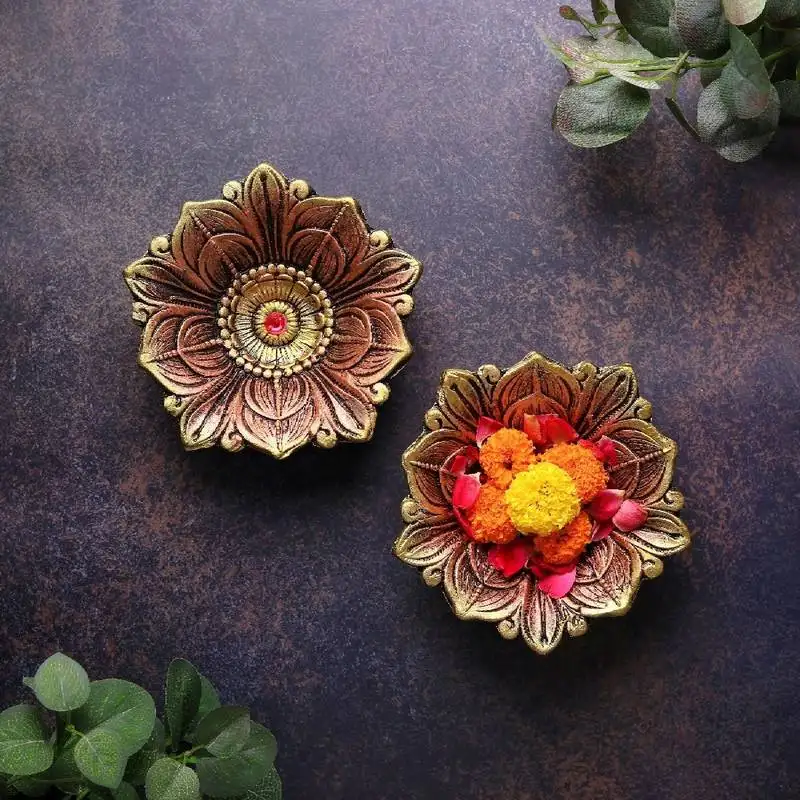 The handicraftian large lotus diya set of 2