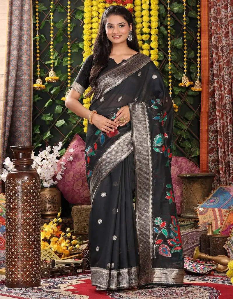 Black color linen cotton fabric beautiful woven designer partywear saree