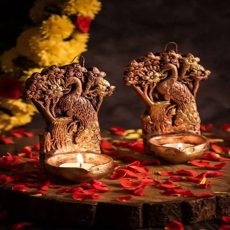 The handicraftian tree peacock hanging diya set
