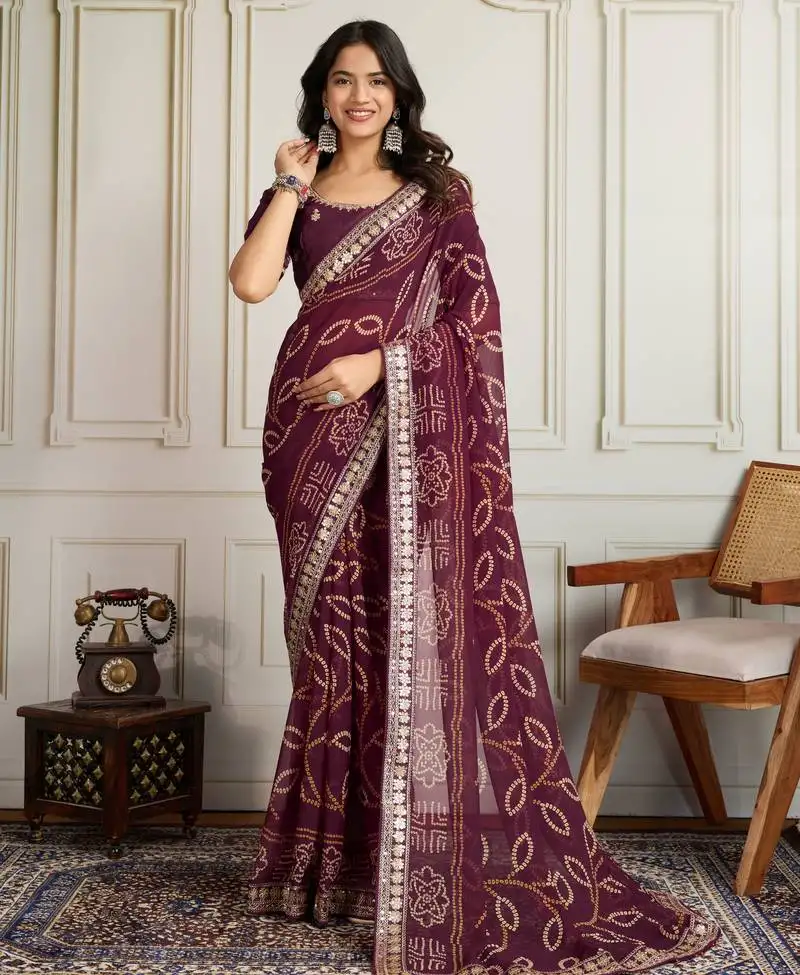Wine color festive special georgette fabric bandhej saree for festive looks
