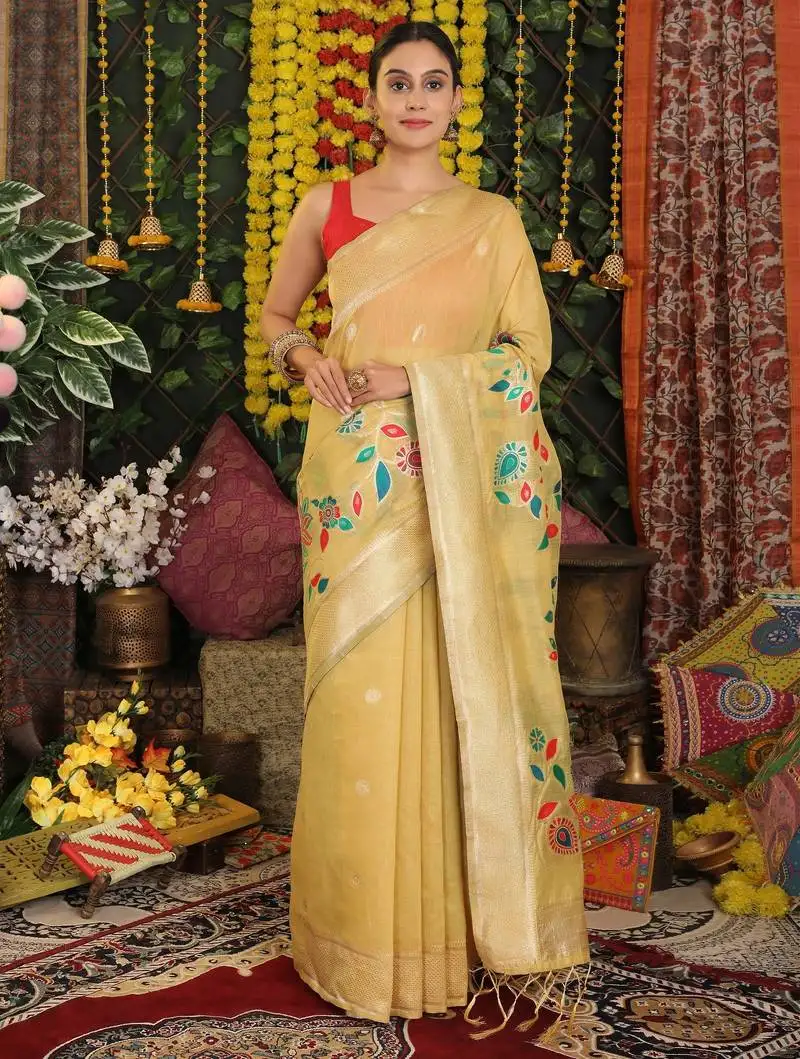 Yellow color linen cotton fabric beautiful woven designer partywear saree