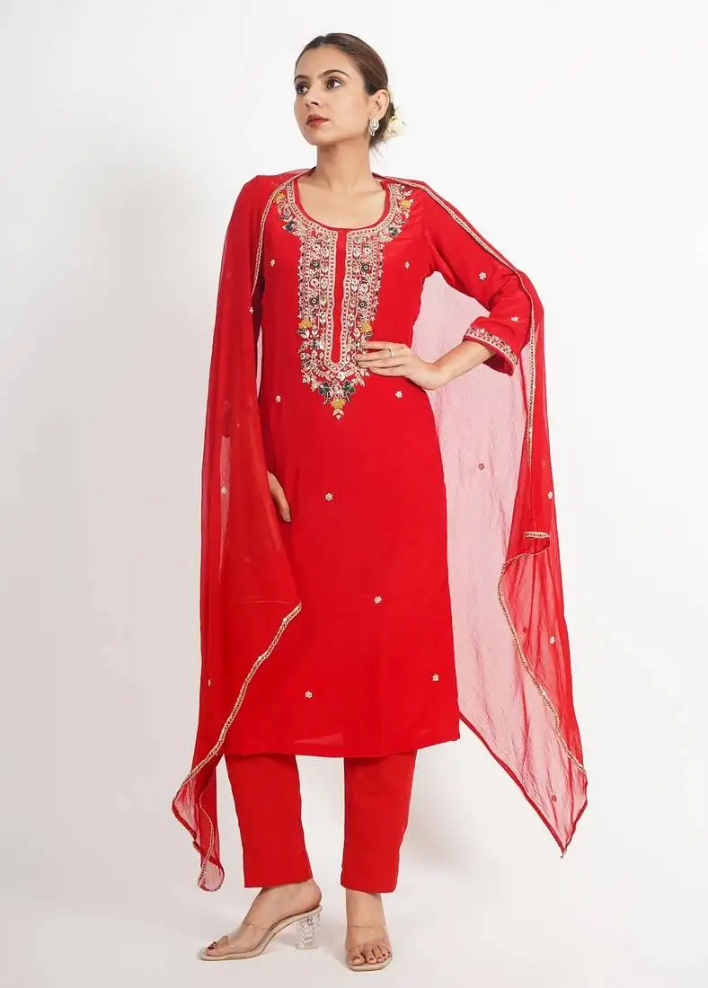 Red 'motimahal' hand embroidered silk crepe womens suit- set of 3