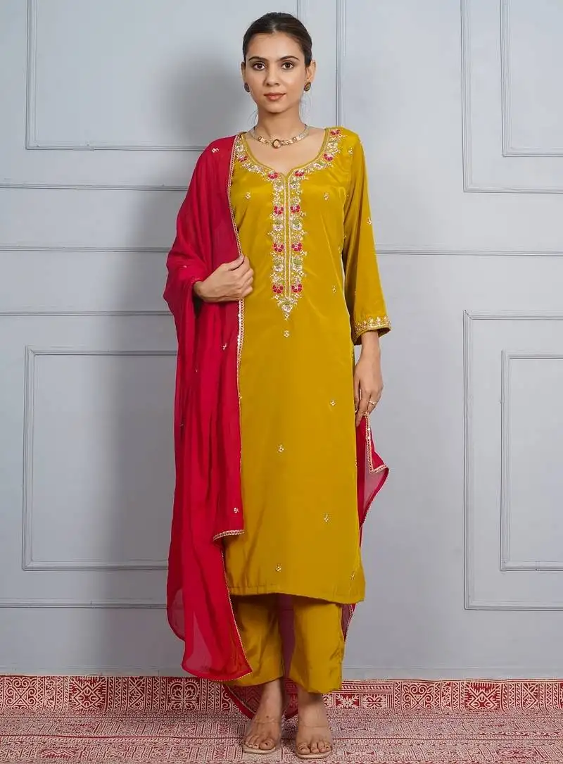 Mustard yellow 'amber glow' hand embroidered silk crepe womens suit- set of 3