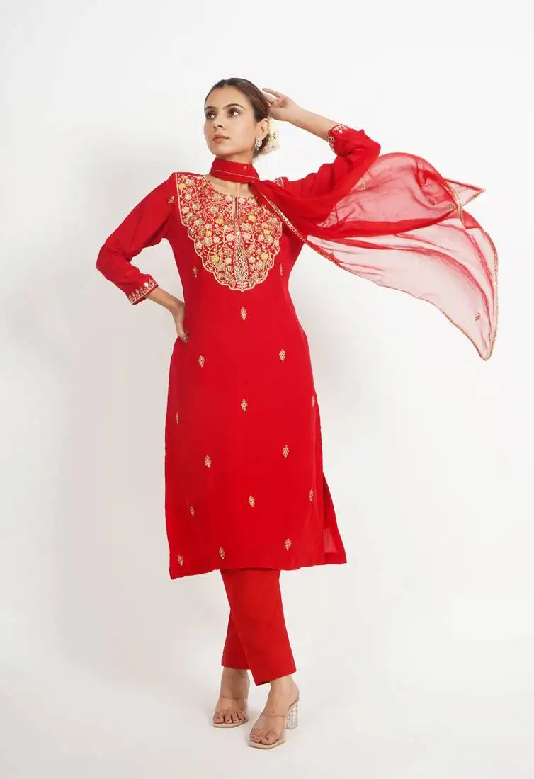 Red 'sheeshmahal' hand embroidered silk crepe womens suit- set of 3