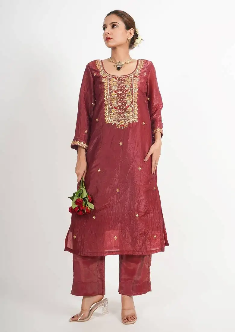 Chocolate maroon 'hawa mahal' hand embroidered crushed tissue organza womens suit- set of 2