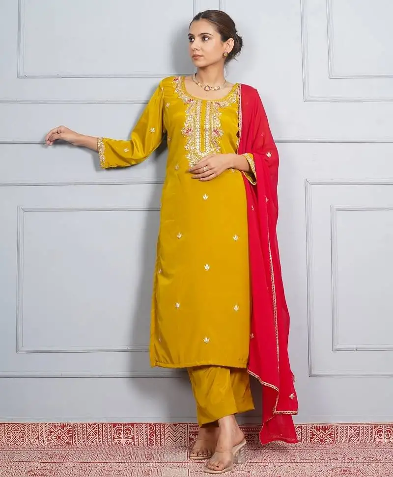 Mustard yellow ' patrika gate' hand embroidered silk crepe womens suit- set of 3