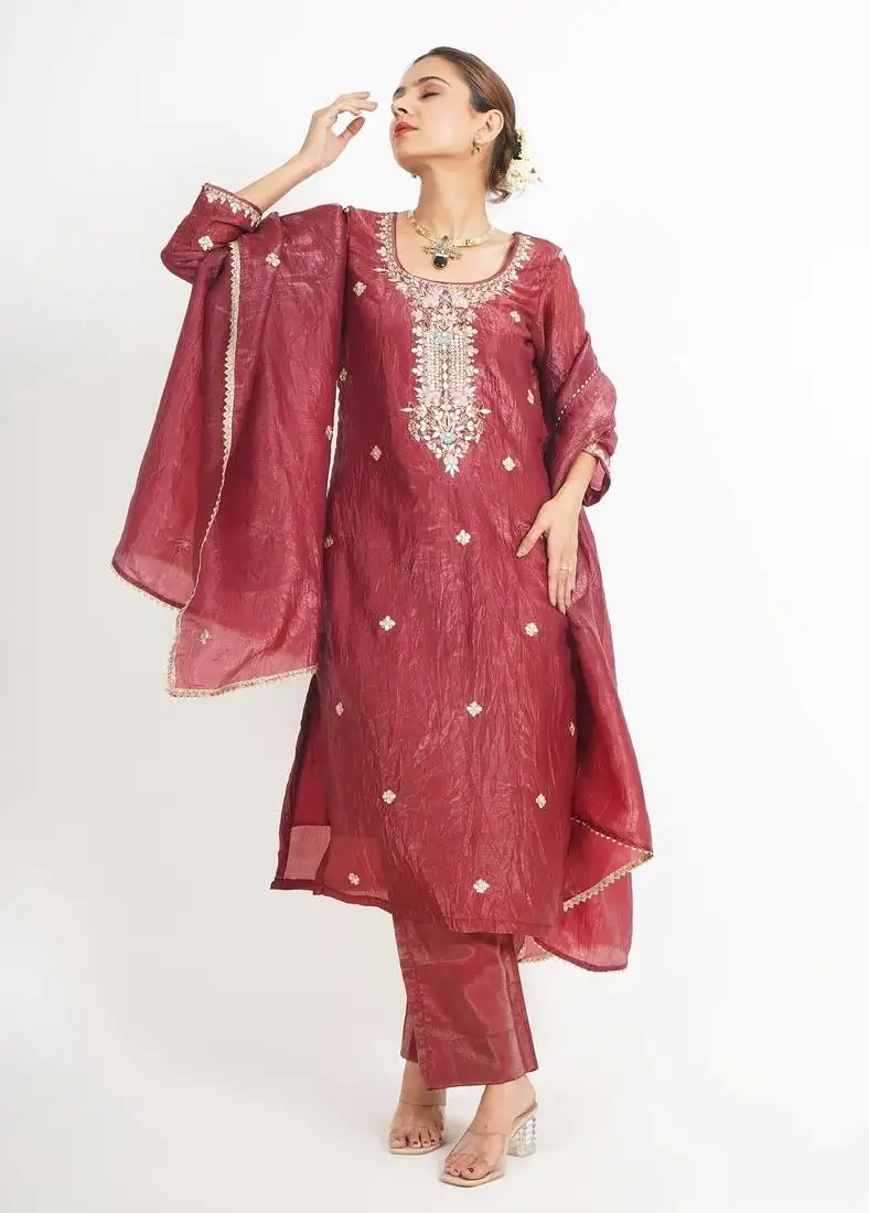 Chocolate maroon ' rang mahal' hand embroidered crushed tissue organza womens suit- set of 2