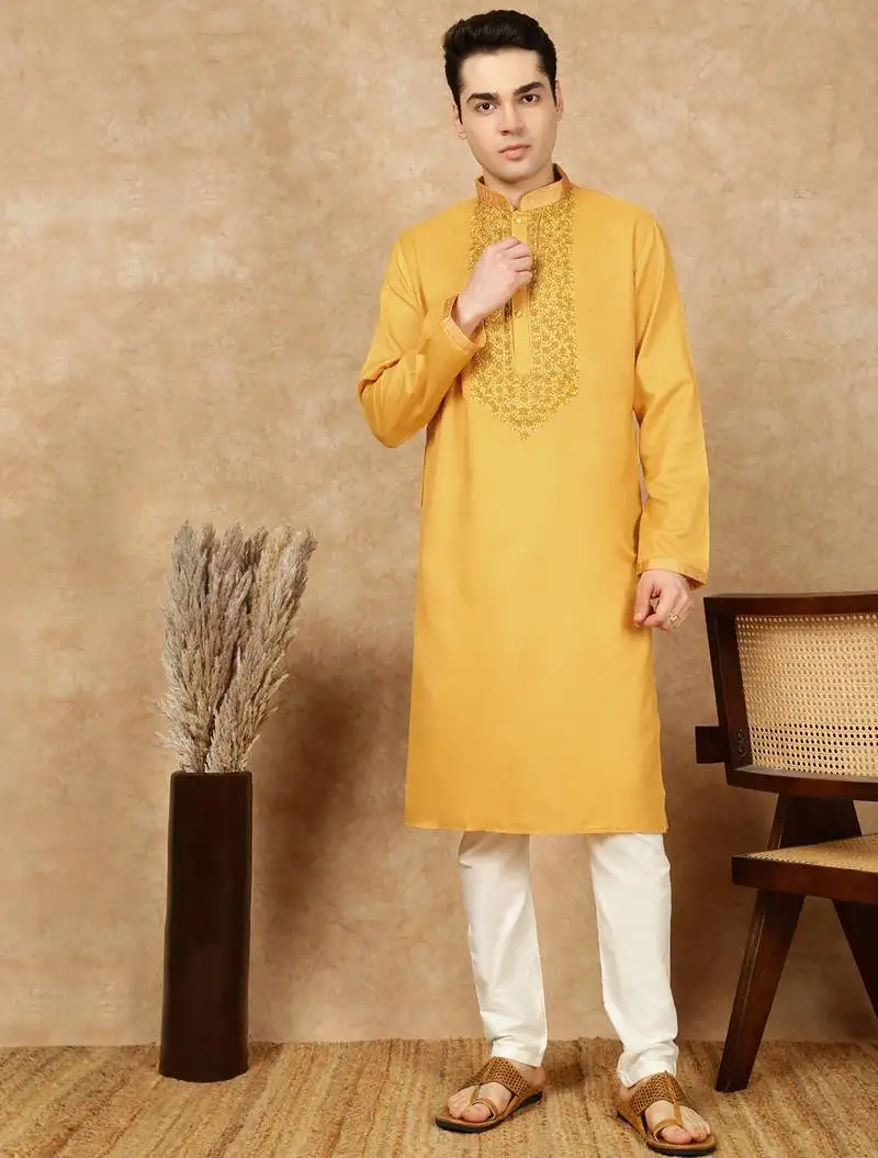 Mustard cotton embroidered kurta pajama for mens