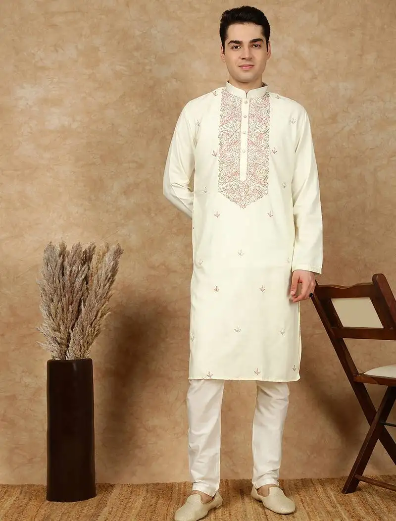 Off white cotton embroidered kurta pajama for mens