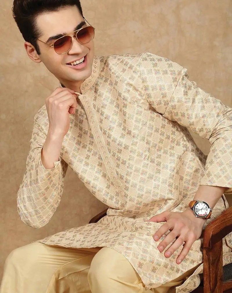 Deep beige jaquard floral kurta pajama for mens