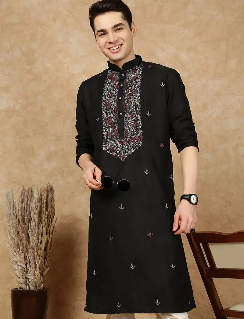 Black cotton embroidered kurta pajama for mens