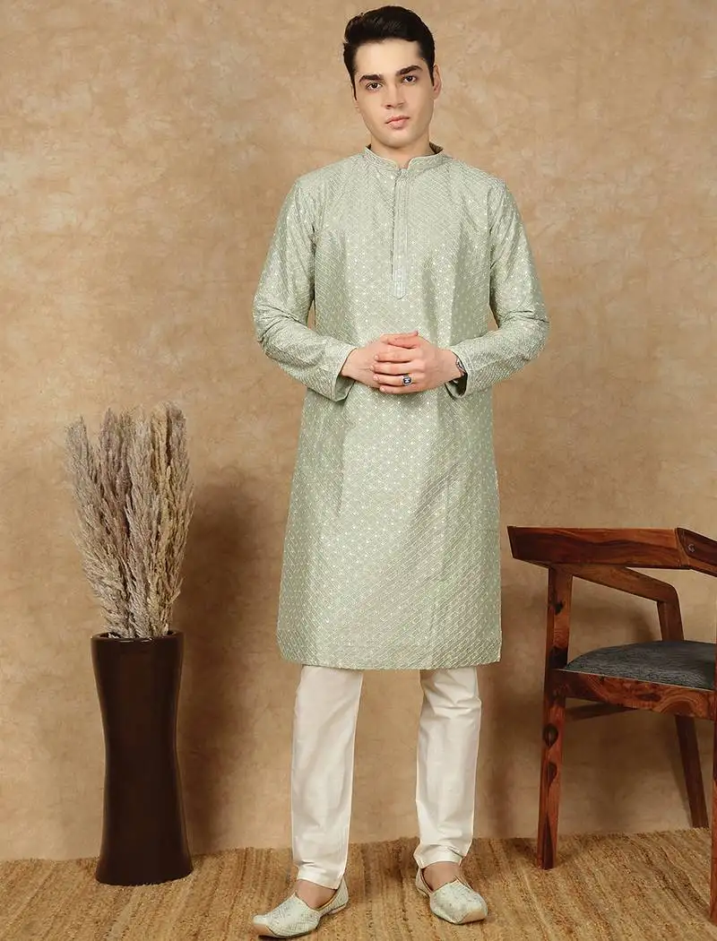 Green polysilk sequins kurta pajama for mens